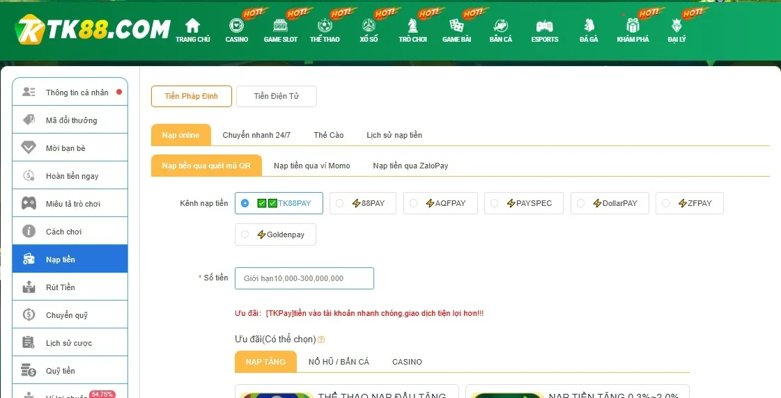 Gửi tiền TK88 nhanh chóng bằng ngân hàng